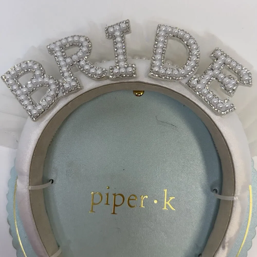 Piper K “BRIDE” Faux Pearl Rhinestone Tulle Lace White Headband Crown New